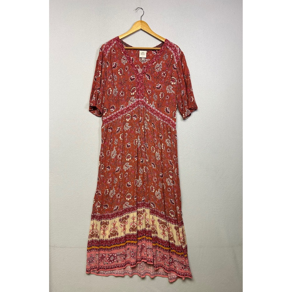 Boho Cottagecore Knox Rose Womens XXL Rust Floral Paisley V-Neck Maxi Dress